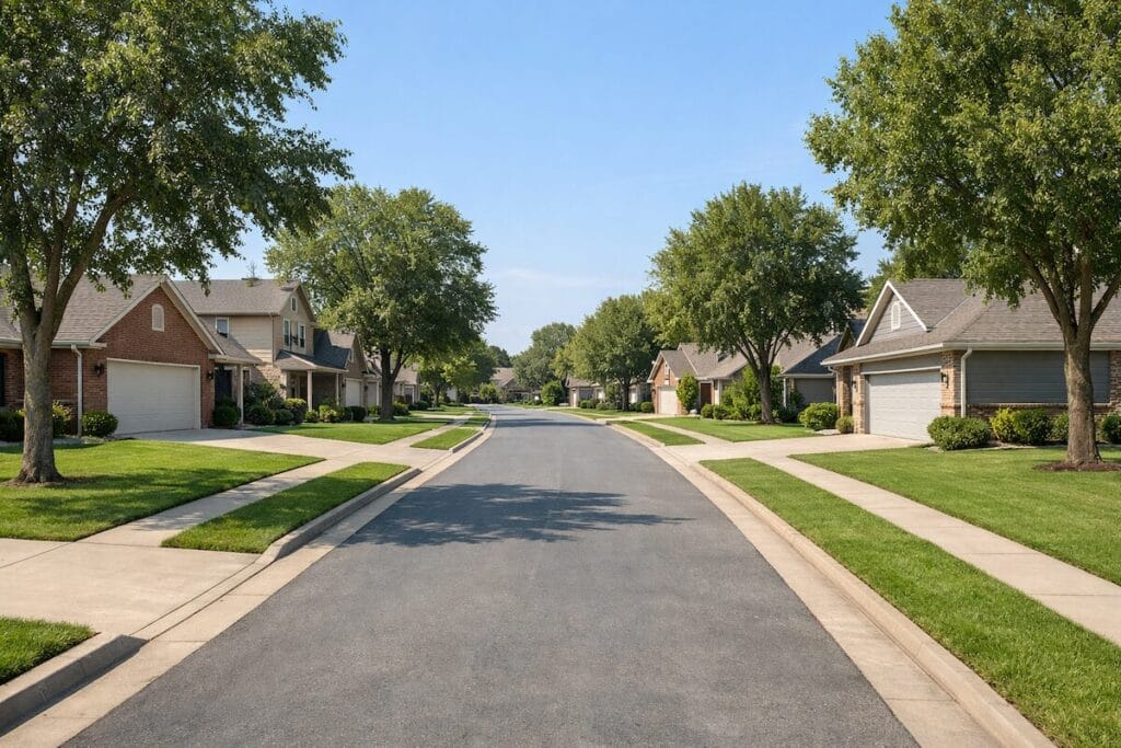 Established suburban neighborhood in Bixby with mature homes and tree-lined streets