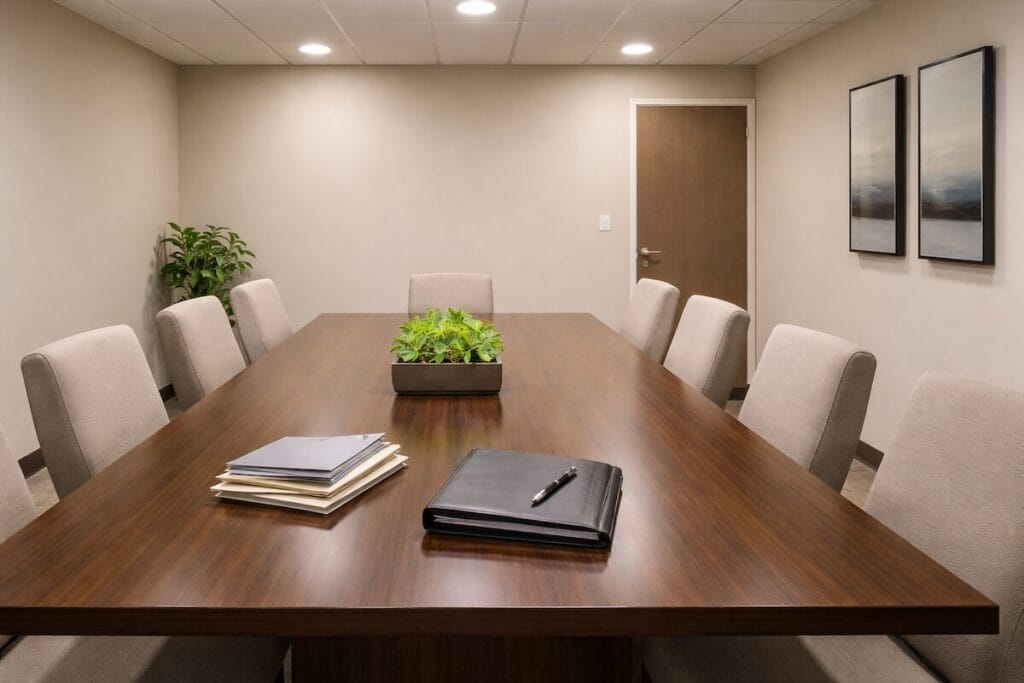 A clean and professional closing room table at a Tulsa area title company where earnest money deposits are held