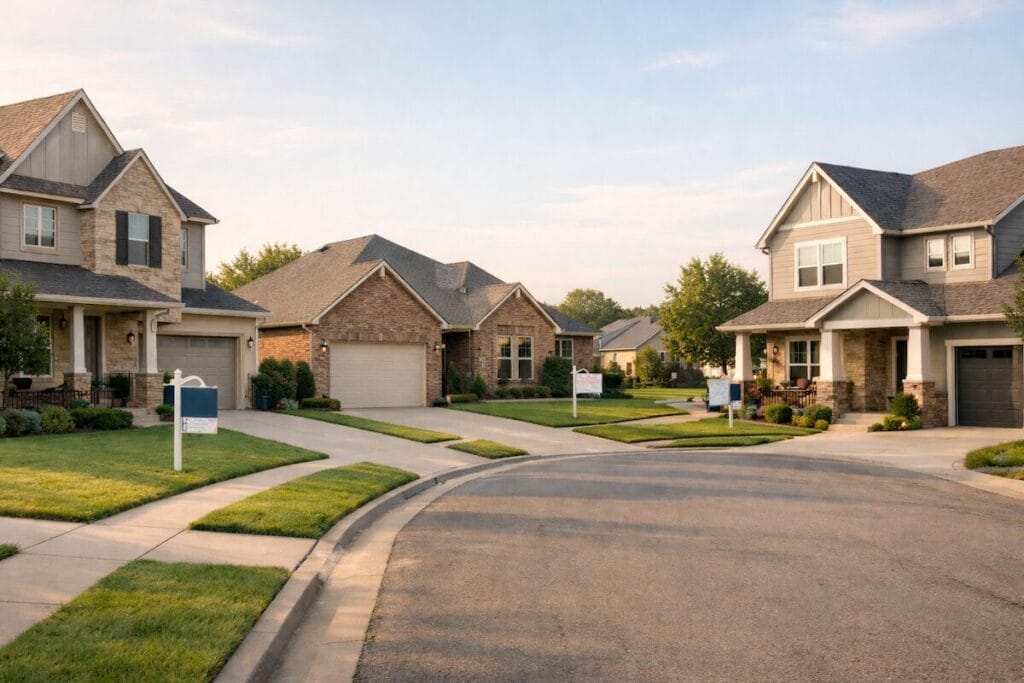 Suburban neighborhood street with homes in Bixby Oklahoma