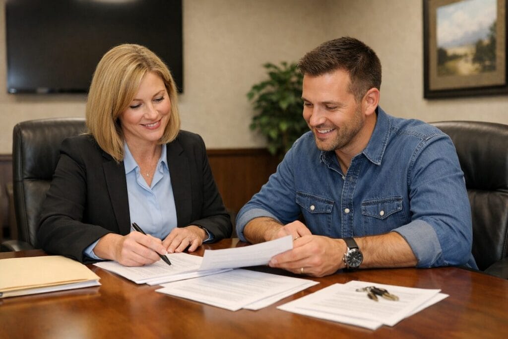 A home buyer and closing agent reviewing documents at a title company closing table in the Tulsa area