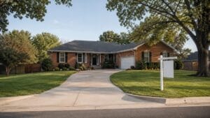 Tulsa area brick home with concrete driveway and For Sale sign representing Tulsa buyers negotiating power 2026