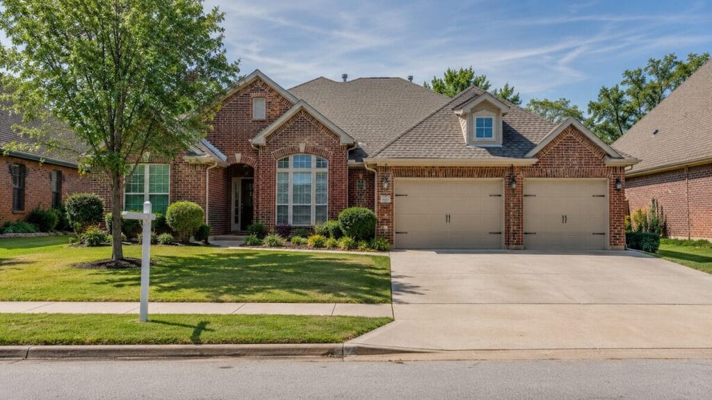 Single-family home for sale in Tulsa Oklahoma suburb with concrete driveway and manicured lawn