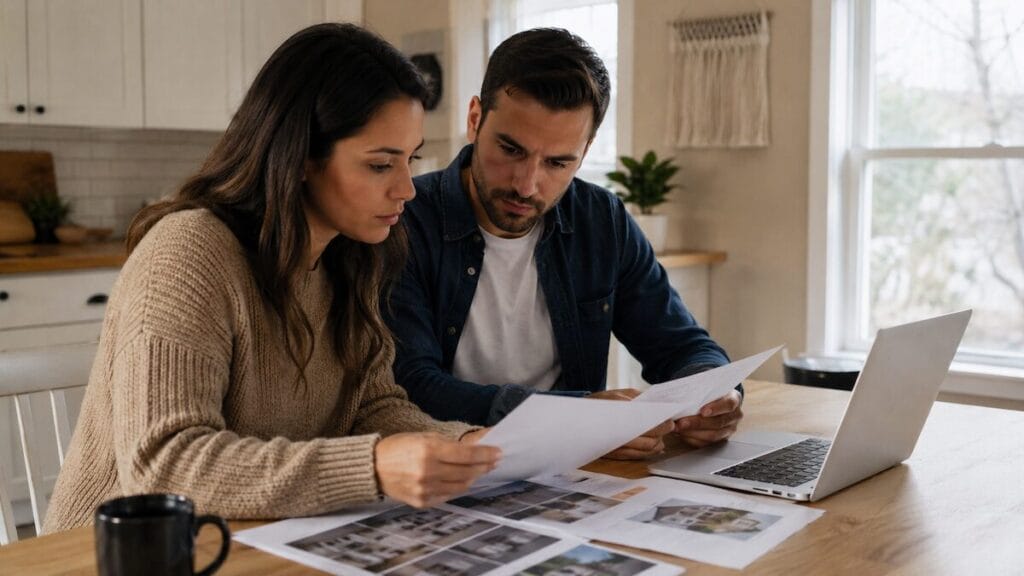 Couple reviewing home listings and real estate documents at kitchen table in Tulsa area home