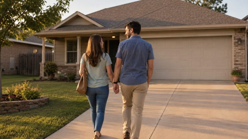 Young couple walking up concrete driveway toward front door of suburban Tulsa home as first-time buyers in 2026