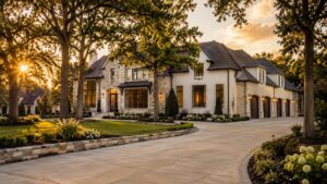 Luxury homes Broken Arrow neighborhood featuring an upscale custom home with mature landscaping