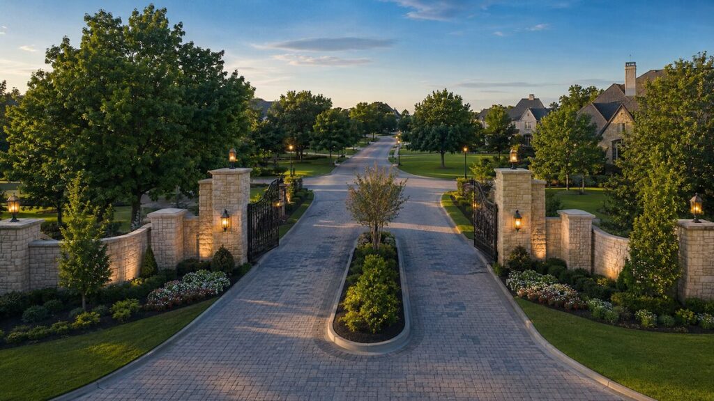 Stone entrance to an upscale gated community in Broken Arrow with mature trees