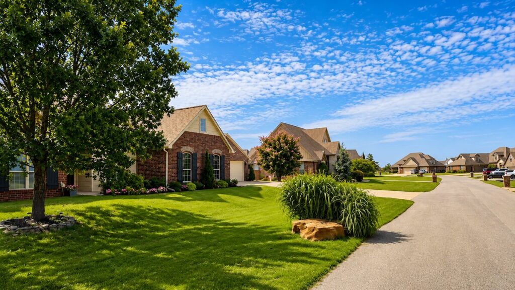 Residential street with custom homes in the Eagle Point neighborhood in Broken Arrow, Oklahoma.