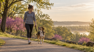 Woman walking a leashed dog on a tree-lined path, illustrating dog parks near Tulsa
