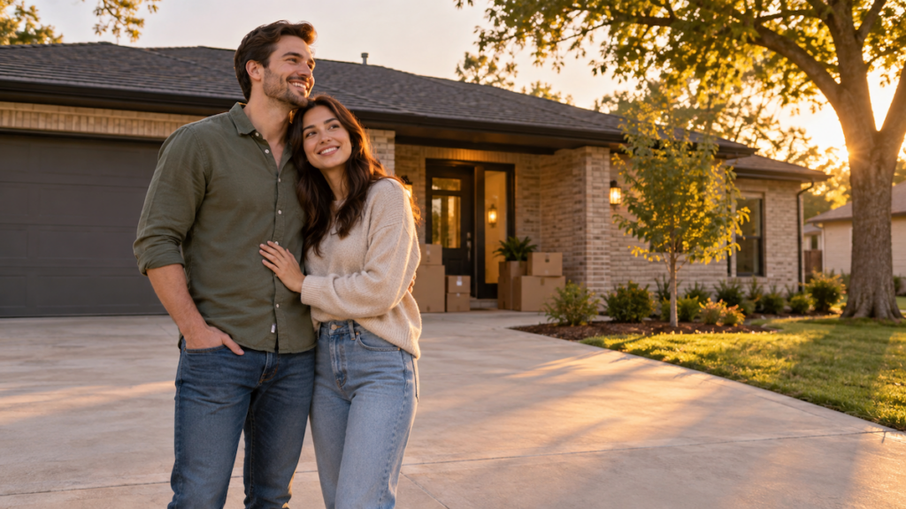 What is it like living in Tulsa Oklahoma, couple standing in the driveway of their new home