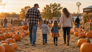 Family walking through a pumpkin patch near Broken Arrow and Owasso for the Broken Arrow Owasso fall guide