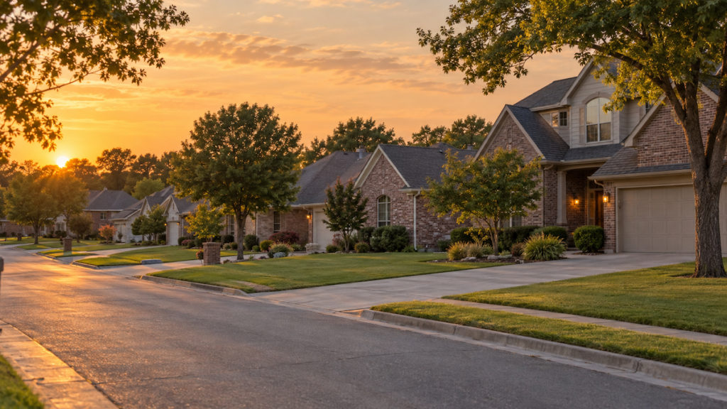 Broken Arrow vs Owasso vs Jenks suburban street with family homes near Tulsa, Oklahoma