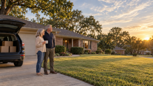 Couple outside their longtime Tulsa ranch home preparing to sell and buy at the same time when downsizing