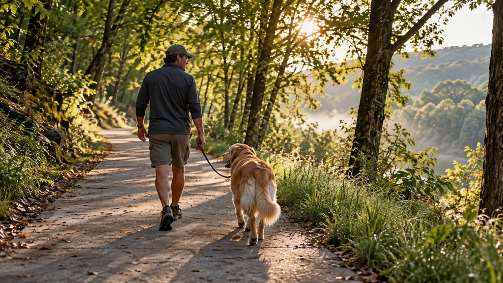 Man walking a leashed golden retriever on a shaded paved trail at sunrise