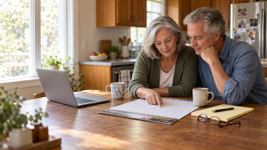 Couple at a kitchen table mapping out the timeline for selling their home and buying a smaller one
