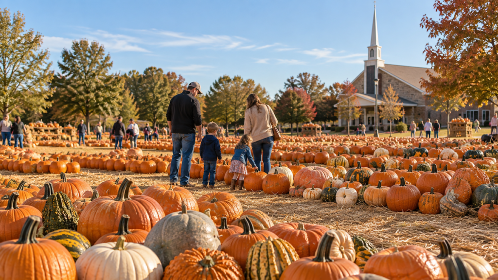 Rows of pumpkins and gourds at a church pumpkin patch fundraiser in Owasso, Oklahoma