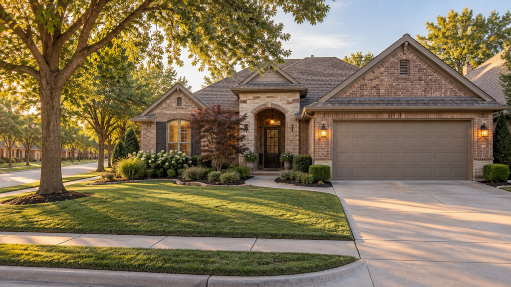 Single-level home exterior in a South Tulsa or Jenks neighborhood with front driveway