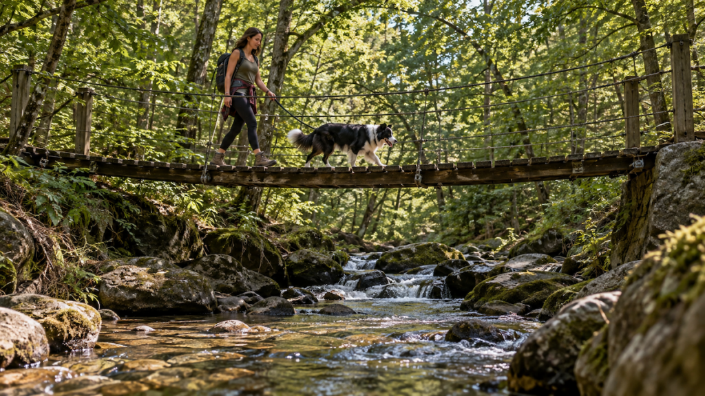 Woman and leashed border collie crossing a wooden suspension bridge on a wooded nature trail