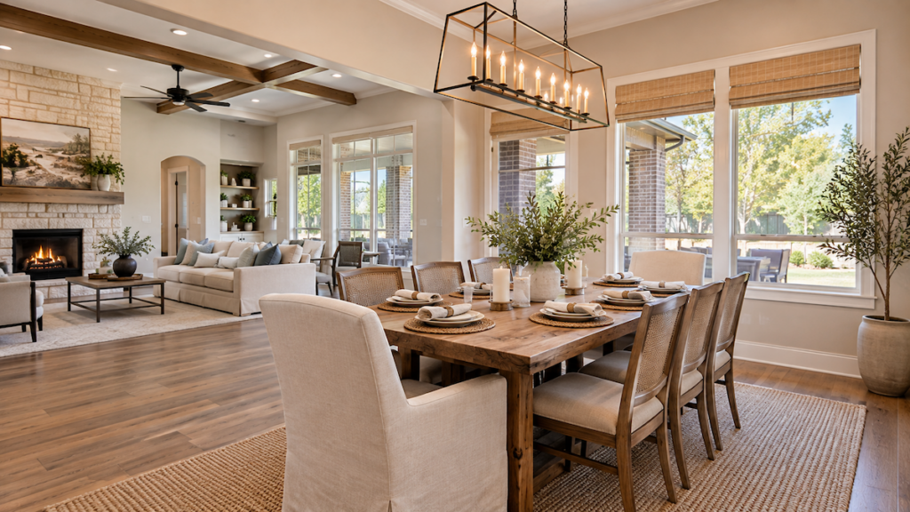 Open-concept living and dining space set for a family gathering in a right-sized Tulsa home