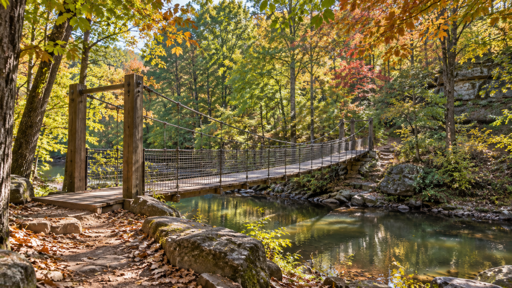Wooded walking trail and footbridge at Ray Harral Nature Park in Broken Arrow, Oklahoma