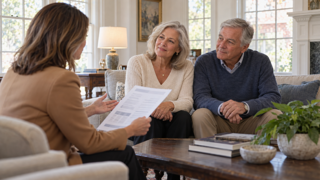 Real estate agent reviewing home sale contingency and rent-back options with a downsizing couple in Tulsa