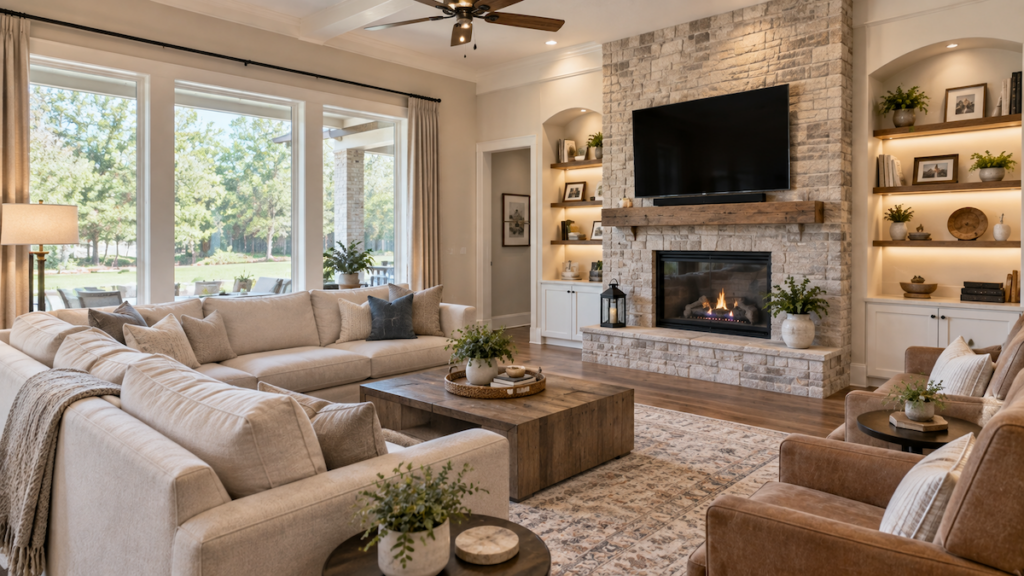 Spacious living room in a Broken Arrow move-up home with room to grow