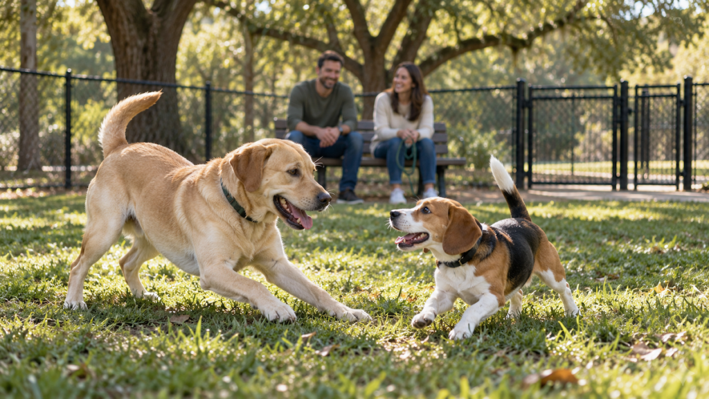 Two dogs playing in a fenced, shaded dog park while their owners sit on a bench