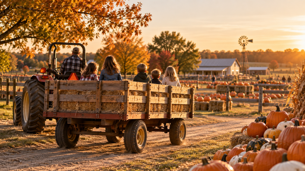 Hayride wagon at Carmichael's Pumpkin Patch farm in Bixby, Oklahoma