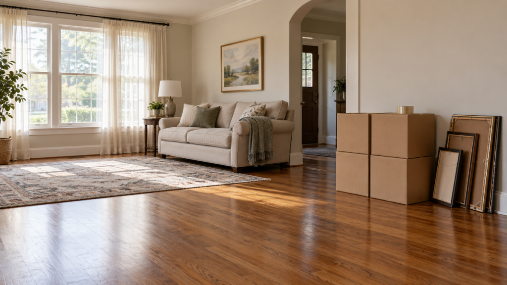 Partially cleared living room with packed boxes in a longtime Tulsa home being prepared to list
