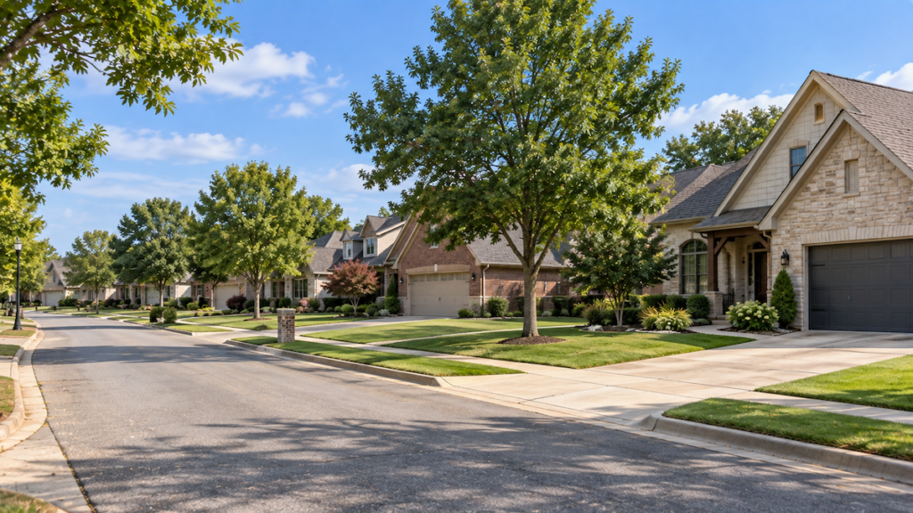 Single-family homes with front driveways in a Tulsa-area suburb