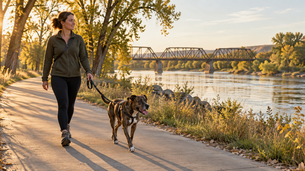 Woman walking a leashed brindle dog on a paved river trail in late afternoon light