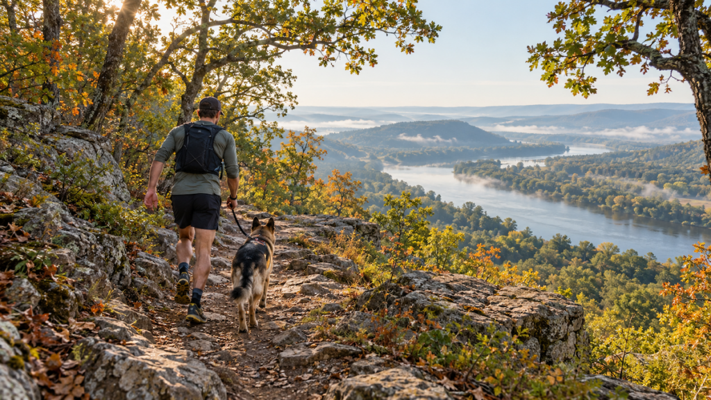 Man hiking a rocky wooded trail with a leashed shepherd mix near a river bluff