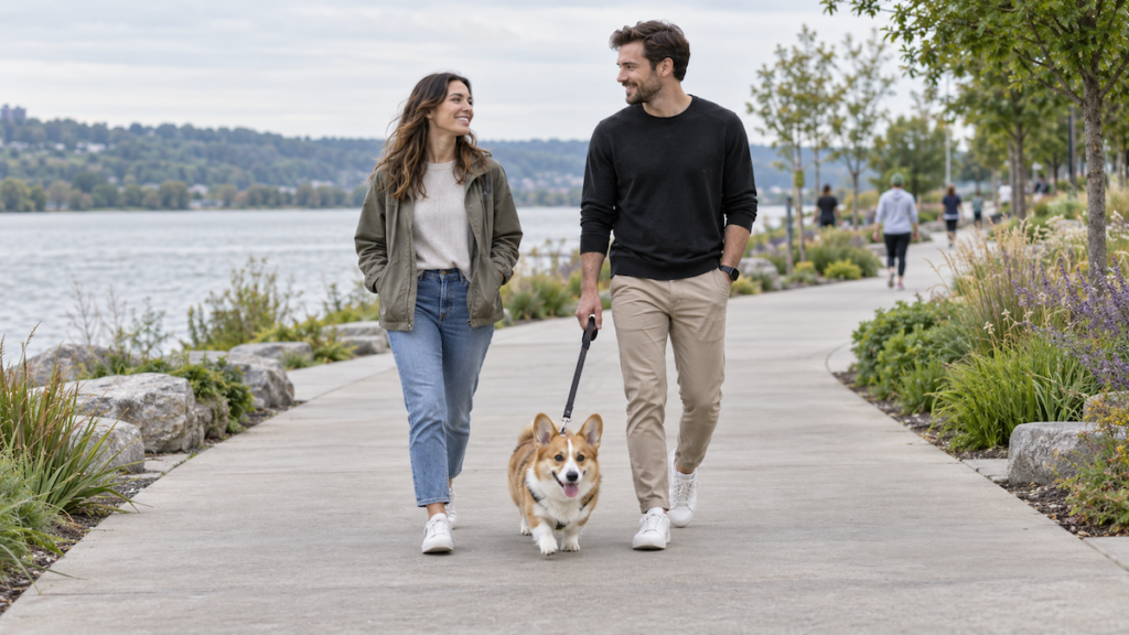 Couple walking a leashed corgi on a wide riverfront park path on a weekend morning