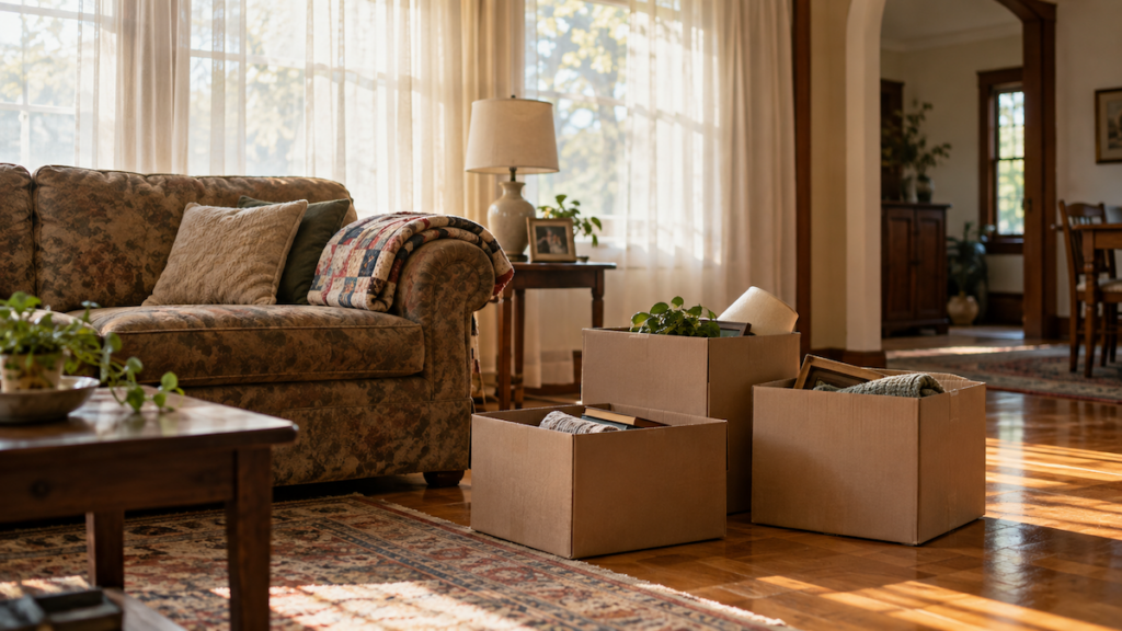 Feature image for how does probate work for real estate in Oklahoma, showing a quiet Tulsa living room with moving boxes and a folded quilt