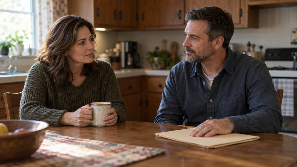 Two adult siblings talking at a kitchen table about selling their parent's house in Tulsa